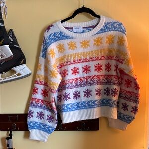 Old Navy White Multi-Color Snowflake Knit Sweater